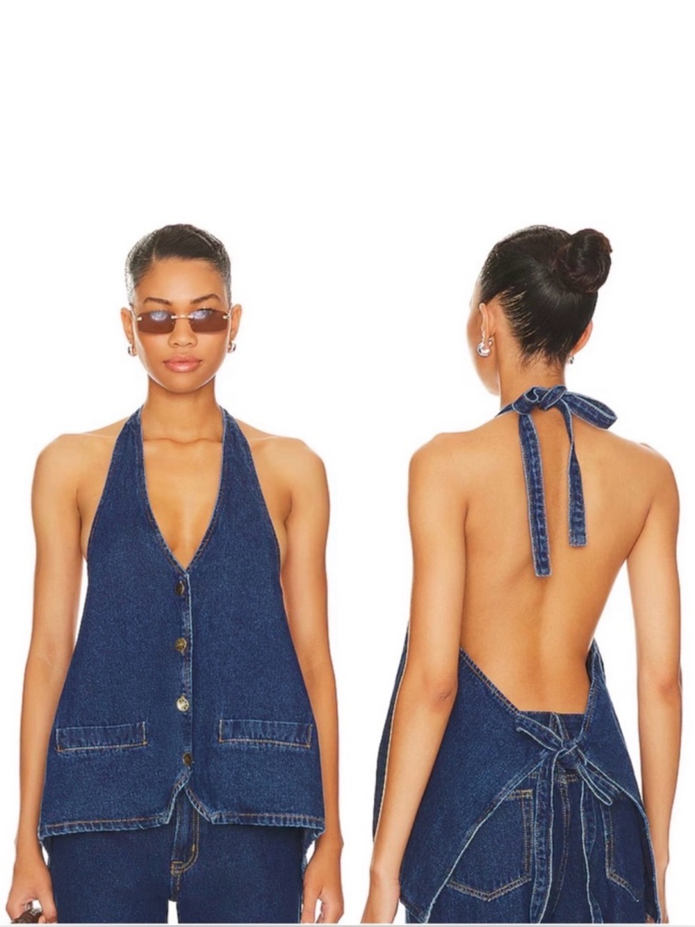 Lioness NWT Hills Halter Top Sleeveless Tank Top Open Back Denim Blue Revolve